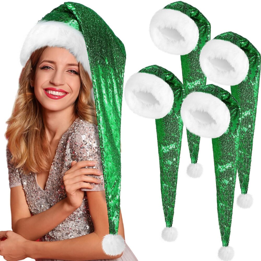 9109 4 Pieces Christmas Santa Hats Xmas Shiny Sequin Santa Hats for Adults